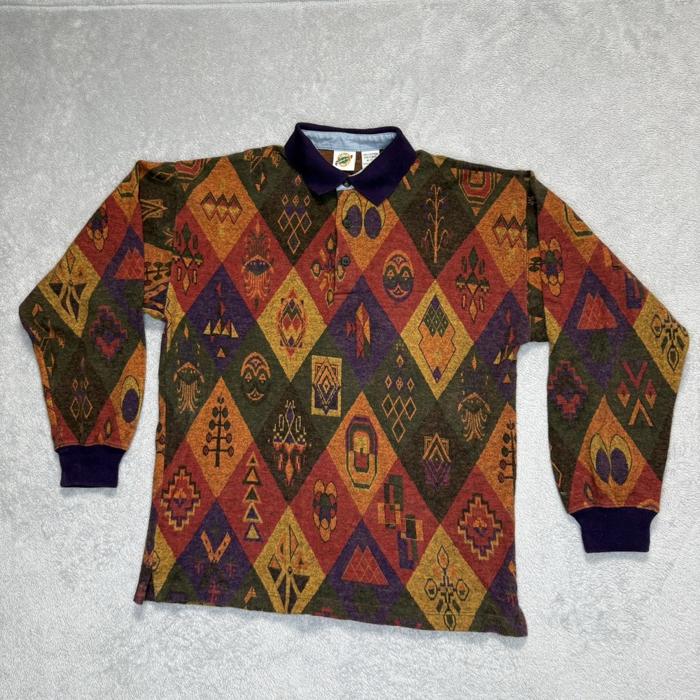 Vintage New Field Sportswear Polo Shirt Small Brazil 90s Geometric Aztec Cotton